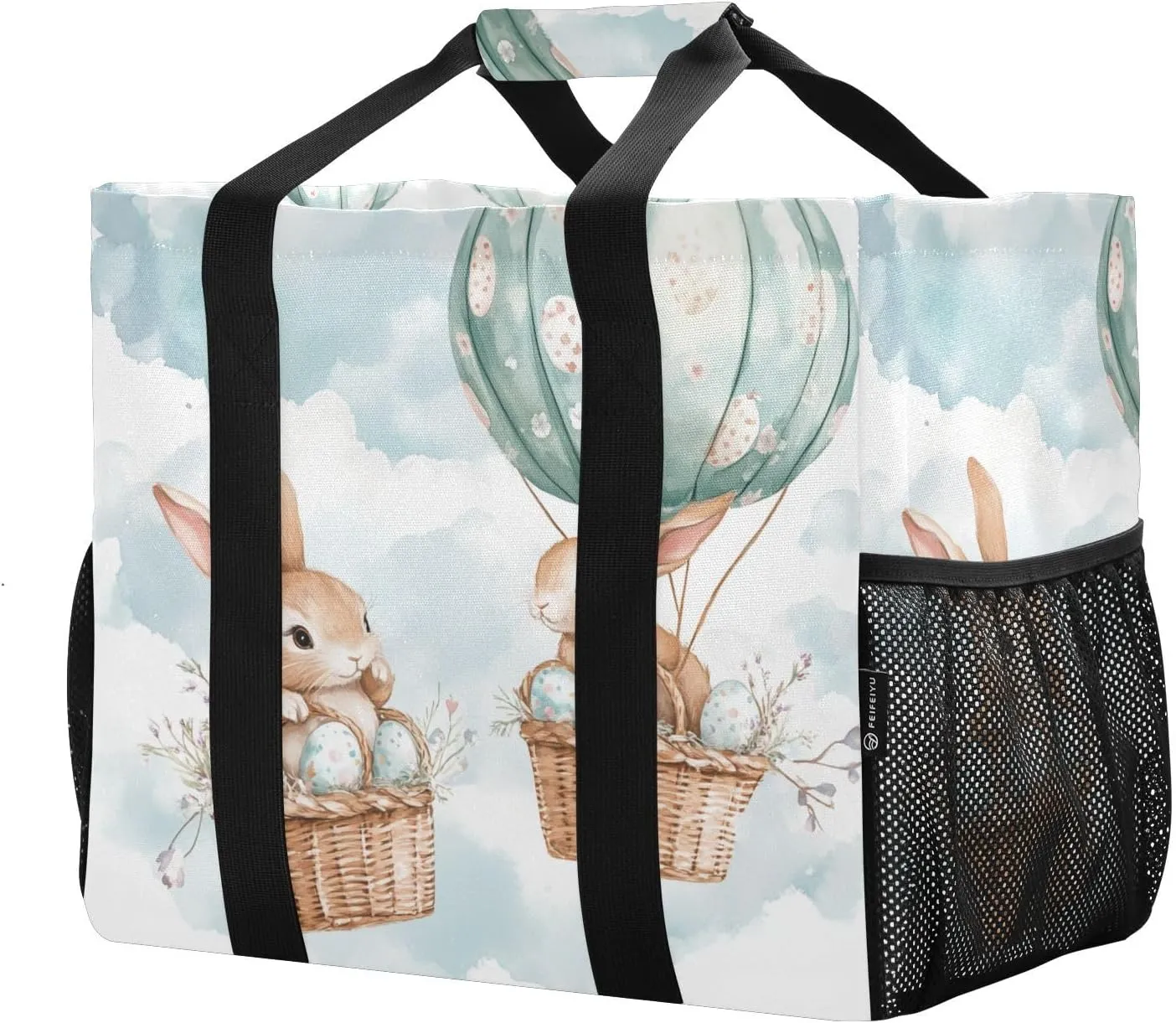 ALAZA Cute Bunnies Flying Baskets Hot Air Balloons Easter Eggs Waterproof Beach Tote Bags