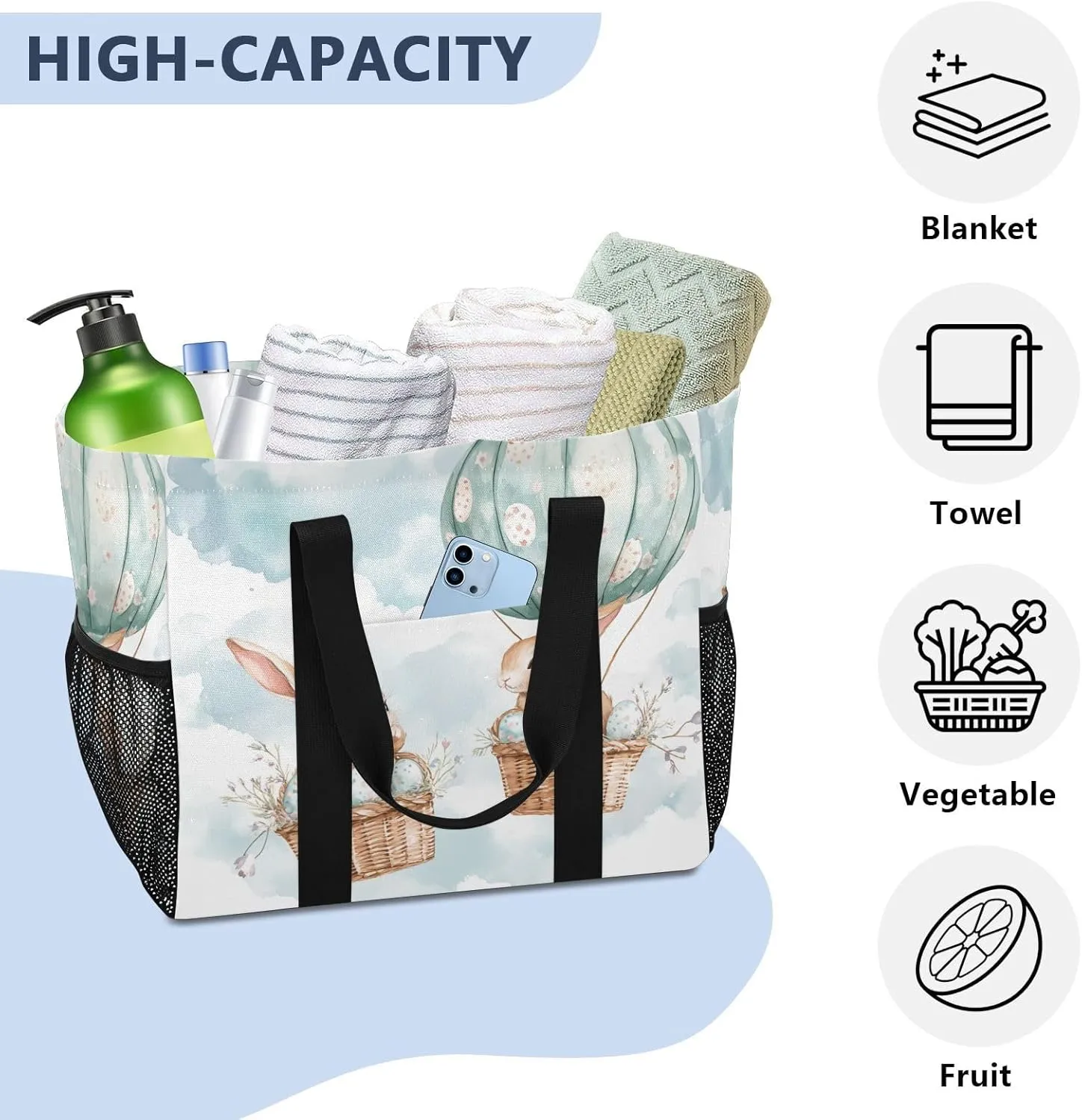 ALAZA Cute Bunnies Flying Baskets Hot Air Balloons Easter Eggs Waterproof Beach Tote Bags