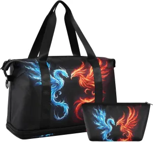 ALAZA Dragon and Phoenix Travel Duffel Bag for Women Men Sports Gym Bag with Shoe Compartment Tote Weekender Overnight Bag with Wet Pocket for Travel, Gym,Yoga,Swimming