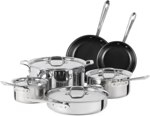 All-Clad D3 3 Ply Stainless Steel Nonstick Bonded Cookware Set 10 Piece, Oven Broiler Safe 600F, Kitchen Cooking Set w/Frying Pan, Sauce Pan, Saute Pan, Stockpot, Professional Pots & Pans Set Silver