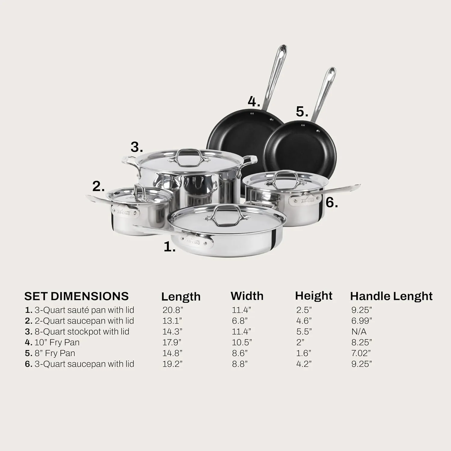 All-Clad D3 3 Ply Stainless Steel Nonstick Bonded Cookware Set 10 Piece, Oven Broiler Safe 600F, Kitchen Cooking Set w/Frying Pan, Sauce Pan, Saute Pan, Stockpot, Professional Pots & Pans Set Silver