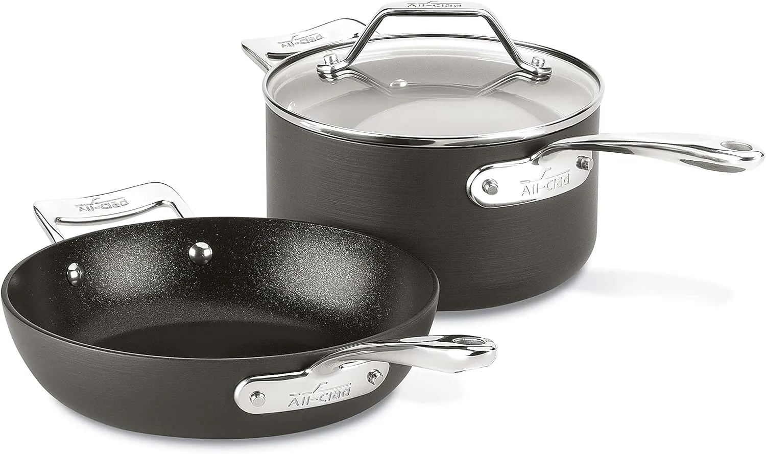 All-Clad Essentials Hard Anodized Nonstick Fry & Sauce Pan Set 8.5 Inch , 2.5 Quart Oven Broiler Safe 500F Pots and Pans, Cookware Black
