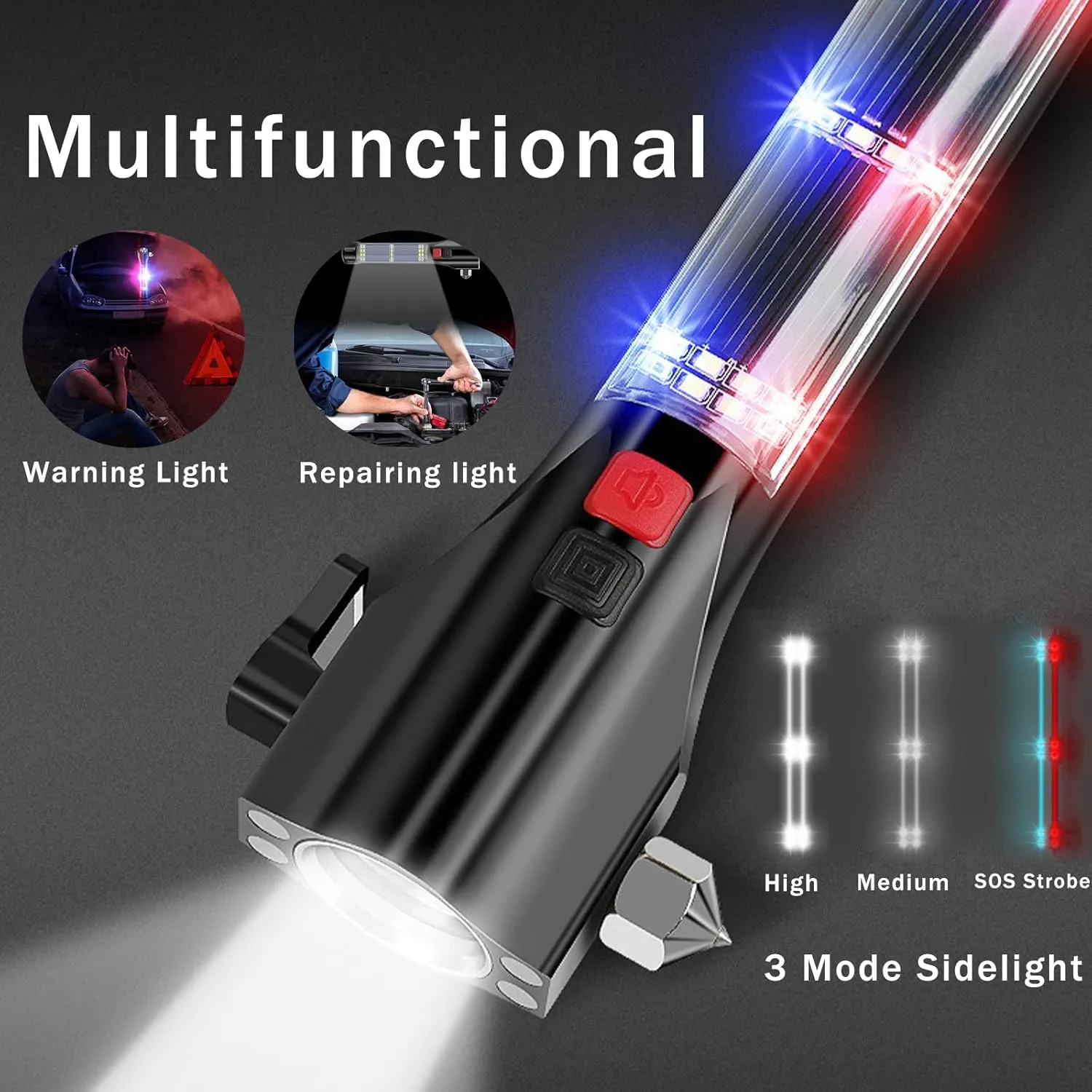 All-in-1 Car Safety Hammer, Multi-Function Emergency Escape Hammer with Window Breaker and Seatbelt Cutter, Mobile Power, LED Flashlight, Alarm Rescue, Strobe SOS Beacon
