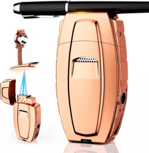 All-in-One Torch Lighter with Windproof Dual Jet Flame, Built-in Punch, Holder, Exquisite Accessories Gift, Rose Gold Butane Lighters for Candles, Trip, Outdoors (Butane not Included)