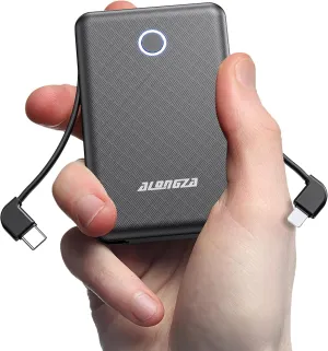 Alongza Portable Charger Small Size Built in Cable 6000mAh Power Bank, External Battery Pack Lightweight Backup Charger, Ultra Slim Battery Backup Charger for Cell Phones