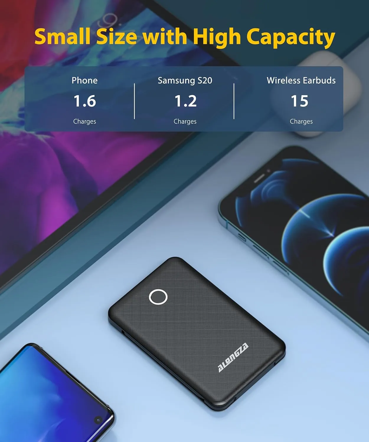 Alongza Portable Charger Small Size Built in Cable 6000mAh Power Bank, External Battery Pack Lightweight Backup Charger, Ultra Slim Battery Backup Charger for Cell Phones