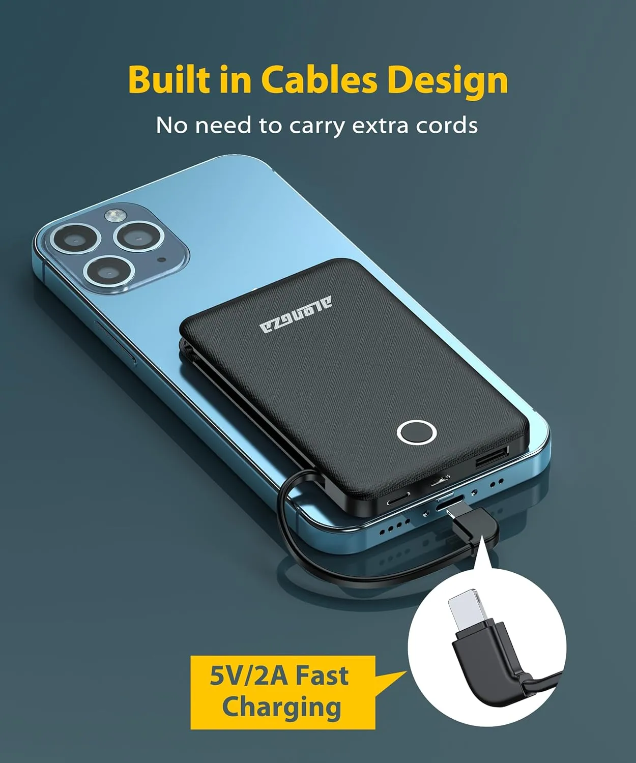 Alongza Portable Charger Small Size Built in Cable 6000mAh Power Bank, External Battery Pack Lightweight Backup Charger, Ultra Slim Battery Backup Charger for Cell Phones