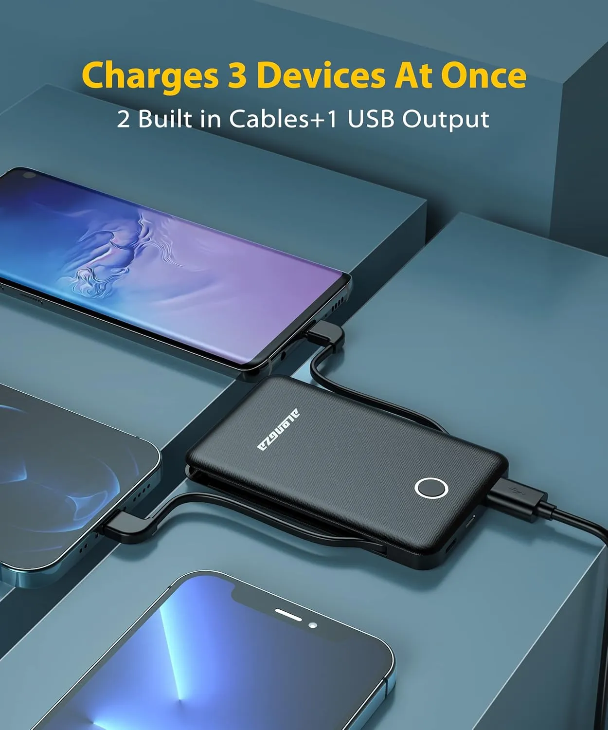 Alongza Portable Charger Small Size Built in Cable 6000mAh Power Bank, External Battery Pack Lightweight Backup Charger, Ultra Slim Battery Backup Charger for Cell Phones