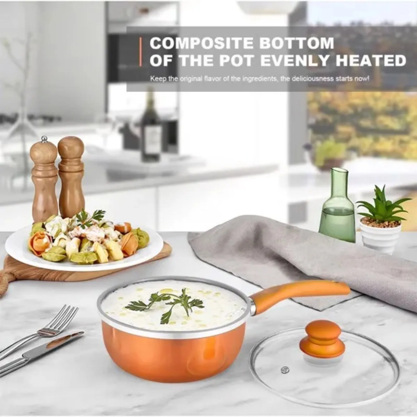 and 6 Cookware Pot PCS Nonstick Set, Pot Economical shipping Courteous Orange Milk Set Pan LunaLulink Set-Wok, Soup, Kitchen
