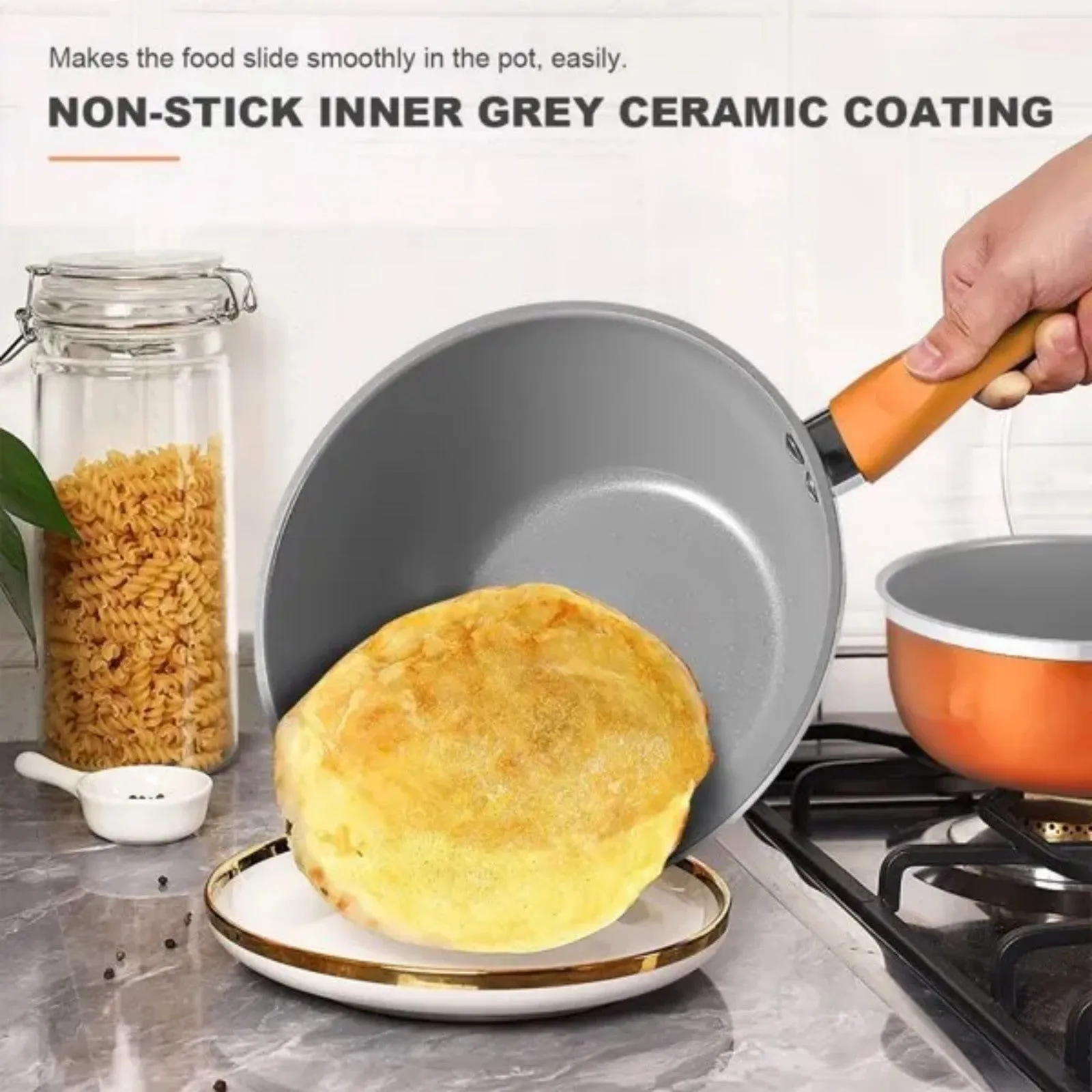 and 6 Cookware Pot PCS Nonstick Set, Pot Economical shipping Courteous Orange Milk Set Pan LunaLulink Set-Wok, Soup, Kitchen