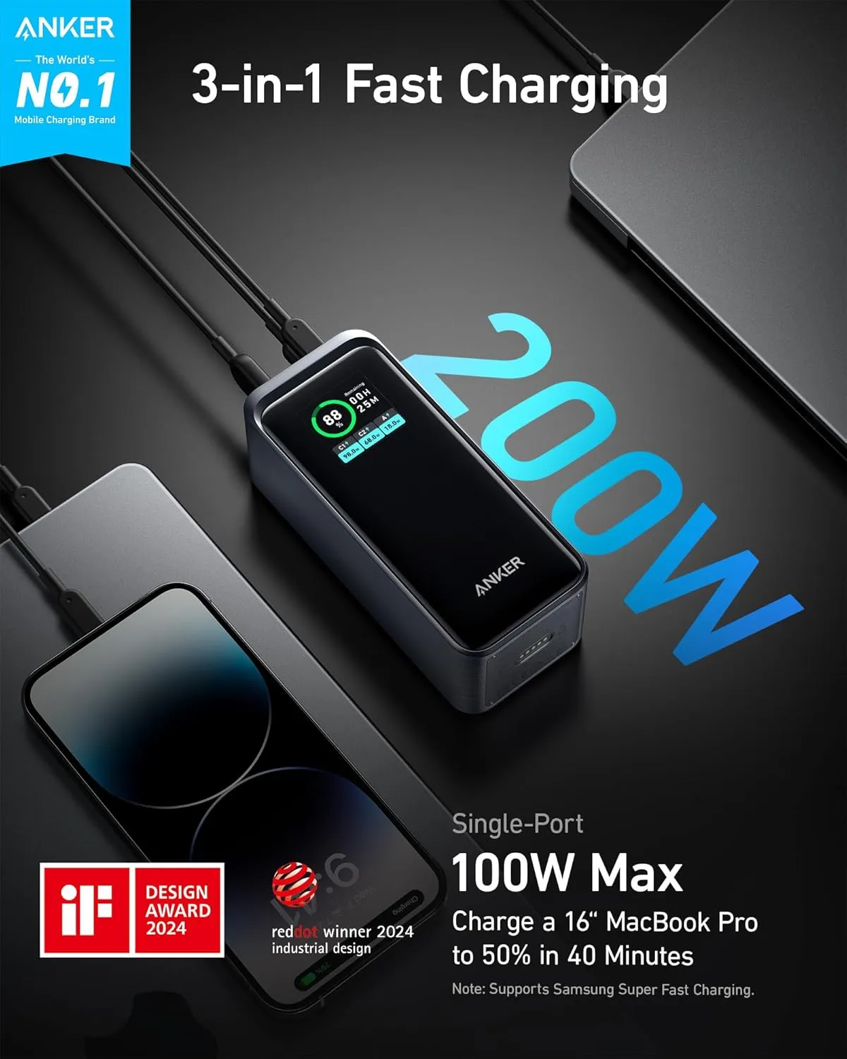 Anker Prime Power Bank, 20,000mAh 200W Portable Laptop Charger for Travel, TSA-Approved, Smart Digital Display, 2 USB-C and 1 USB-A Port, for iPhone 16/15/14 Series, Samsung, MacBook, and More