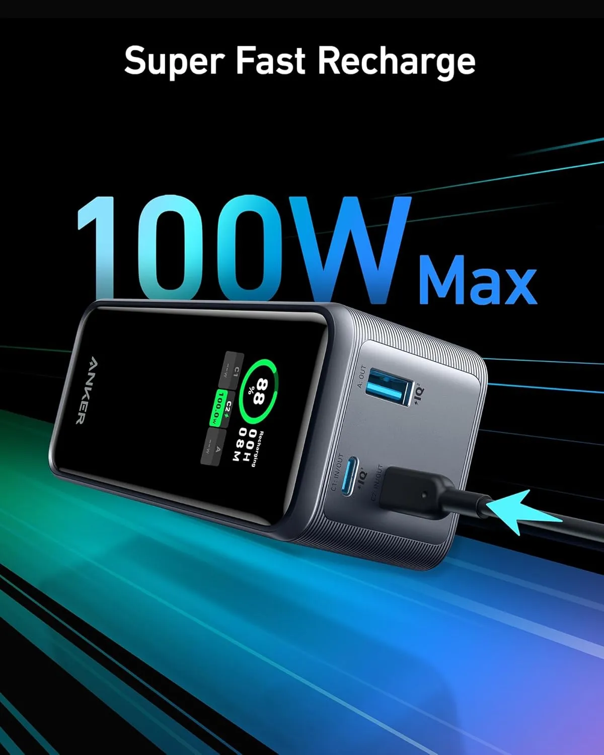 Anker Prime Power Bank, 20,000mAh 200W Portable Laptop Charger for Travel, TSA-Approved, Smart Digital Display, 2 USB-C and 1 USB-A Port, for iPhone 16/15/14 Series, Samsung, MacBook, and More