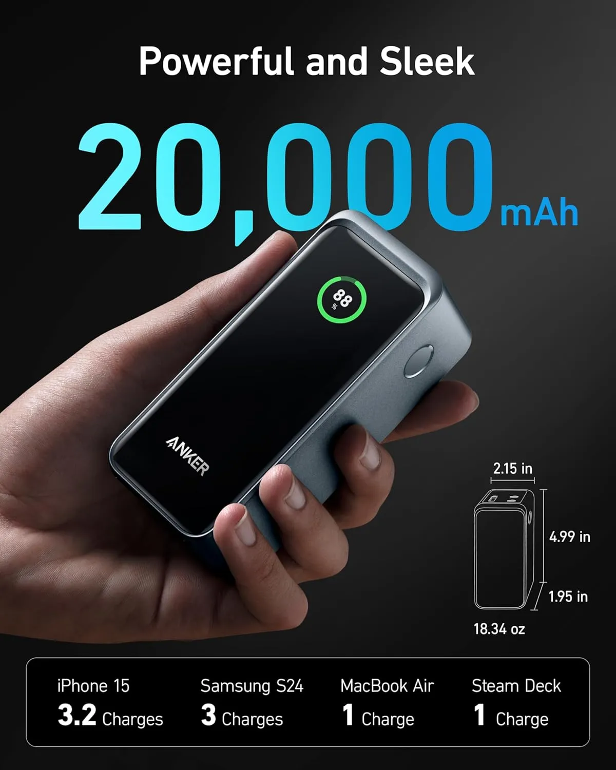 Anker Prime Power Bank, 20,000mAh 200W Portable Laptop Charger for Travel, TSA-Approved, Smart Digital Display, 2 USB-C and 1 USB-A Port, for iPhone 16/15/14 Series, Samsung, MacBook, and More