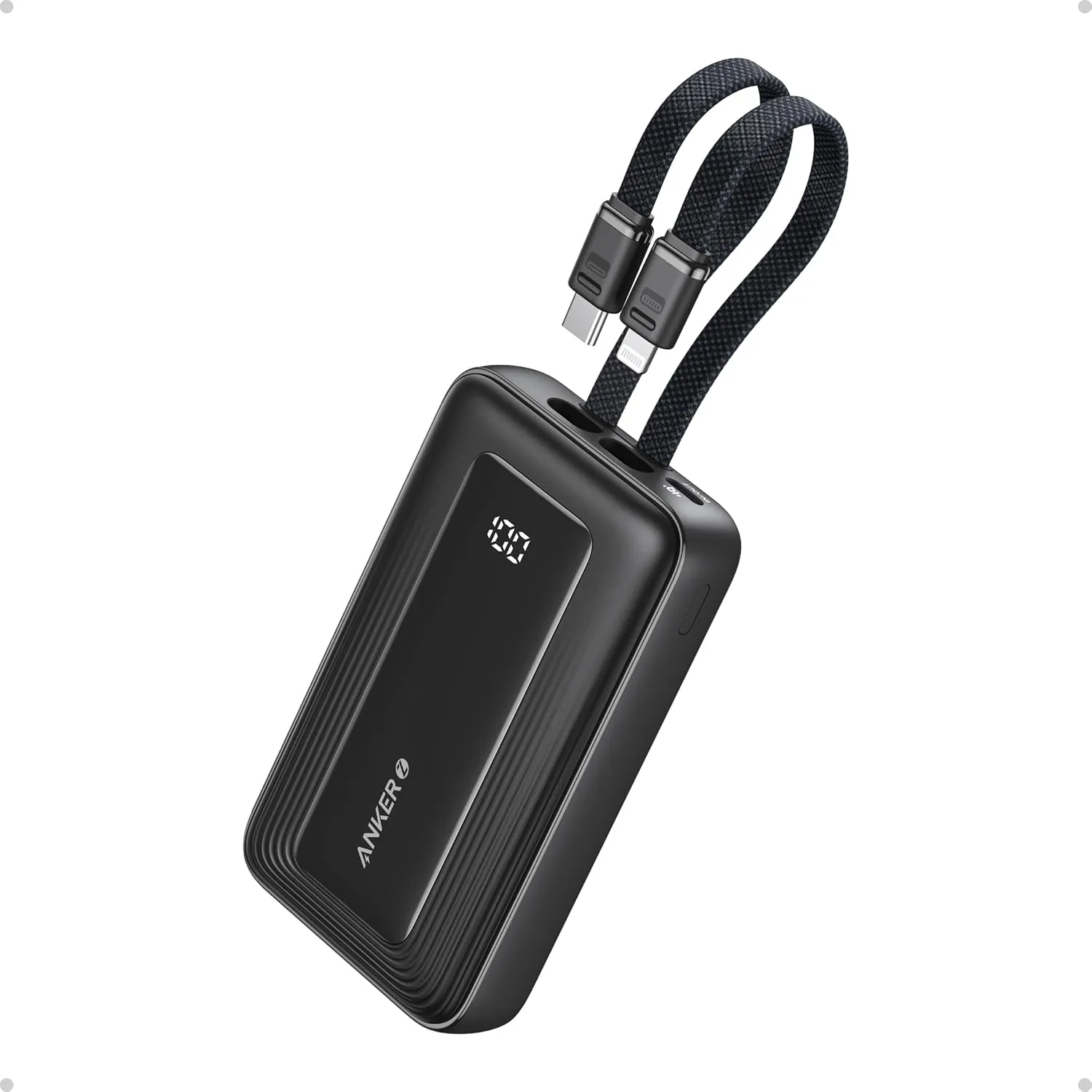 ANKER Zolo Power Bank, 10,000mAh 30W Max Fast Portable Charger with Built-in USB-C and MFi Certified Lightning Cables, USB-C&A, Battery Pack for iPhone 16/15 Series, MacBook, Galaxy (Black)