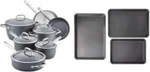 Anolon Accolade Forged Hard Anodized Nonstick Cookware Pots and Pans Set, 12 Piece - Moonstone Gray   Anolon Gourmet Nonstick Bakeware Set with Nonstick Cookie Sheets / Baking Sheets - 3 Piece, Graphite Gray