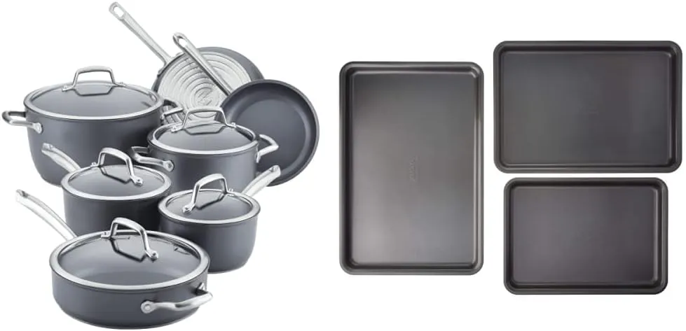 Anolon Accolade Forged Hard Anodized Nonstick Cookware Pots and Pans Set, 12 Piece - Moonstone Gray   Anolon Gourmet Nonstick Bakeware Set with Nonstick Cookie Sheets / Baking Sheets - 3 Piece, Graphite Gray