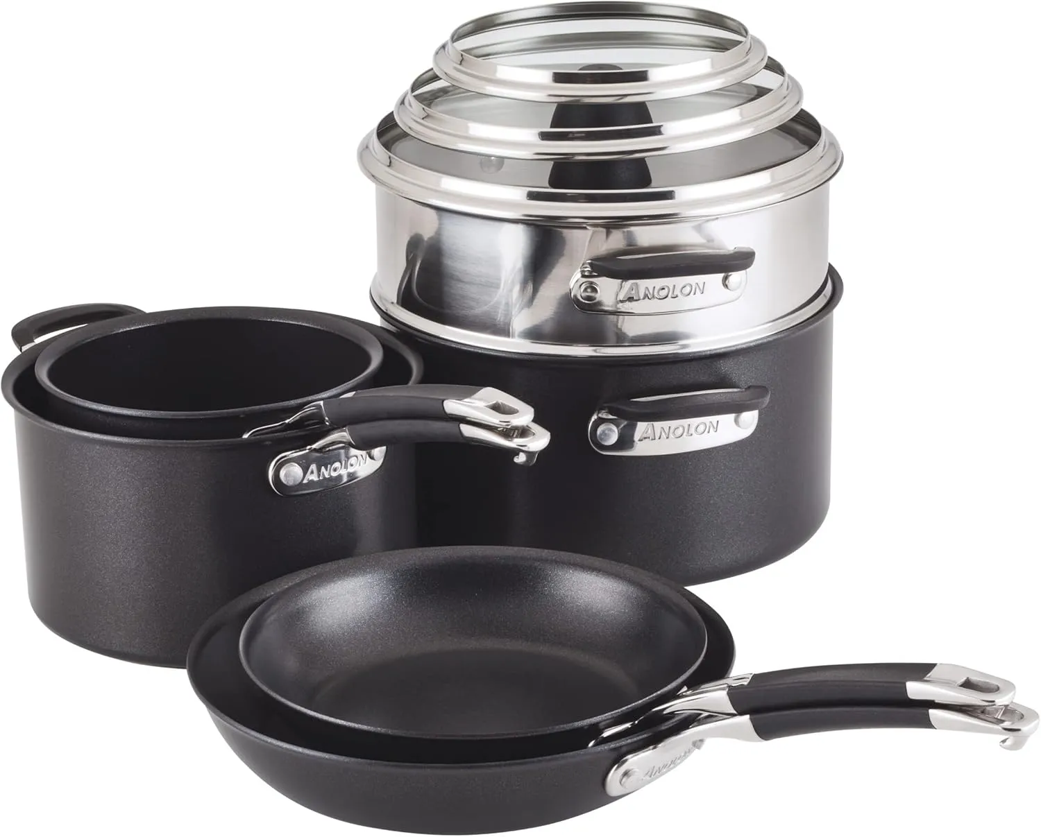 Anolon SmartStack Hard Anodized Nonstick Induction Nesting Cookware/Pots and Pans Set, Dishwasher Safe, 9 Piece - Black