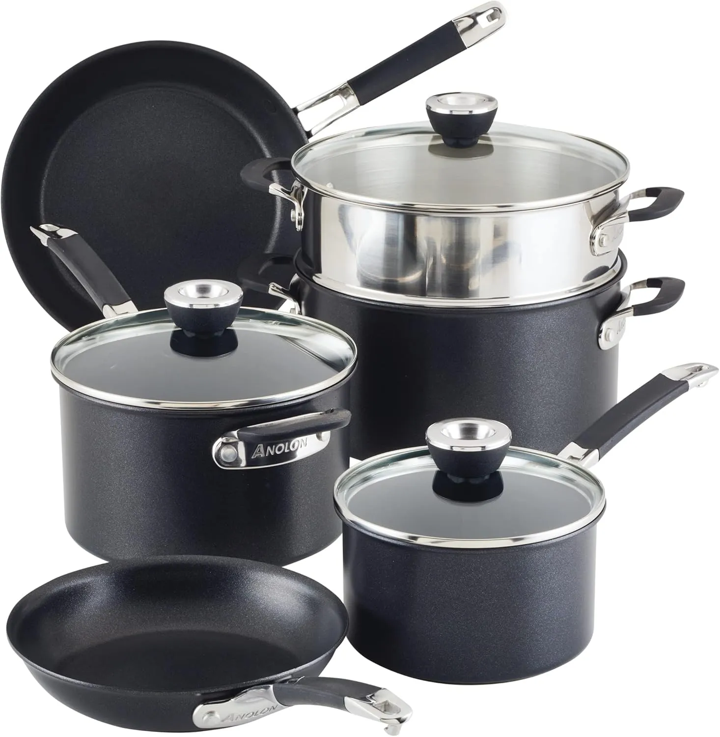 Anolon SmartStack Hard Anodized Nonstick Induction Nesting Cookware/Pots and Pans Set, Dishwasher Safe, 9 Piece - Black