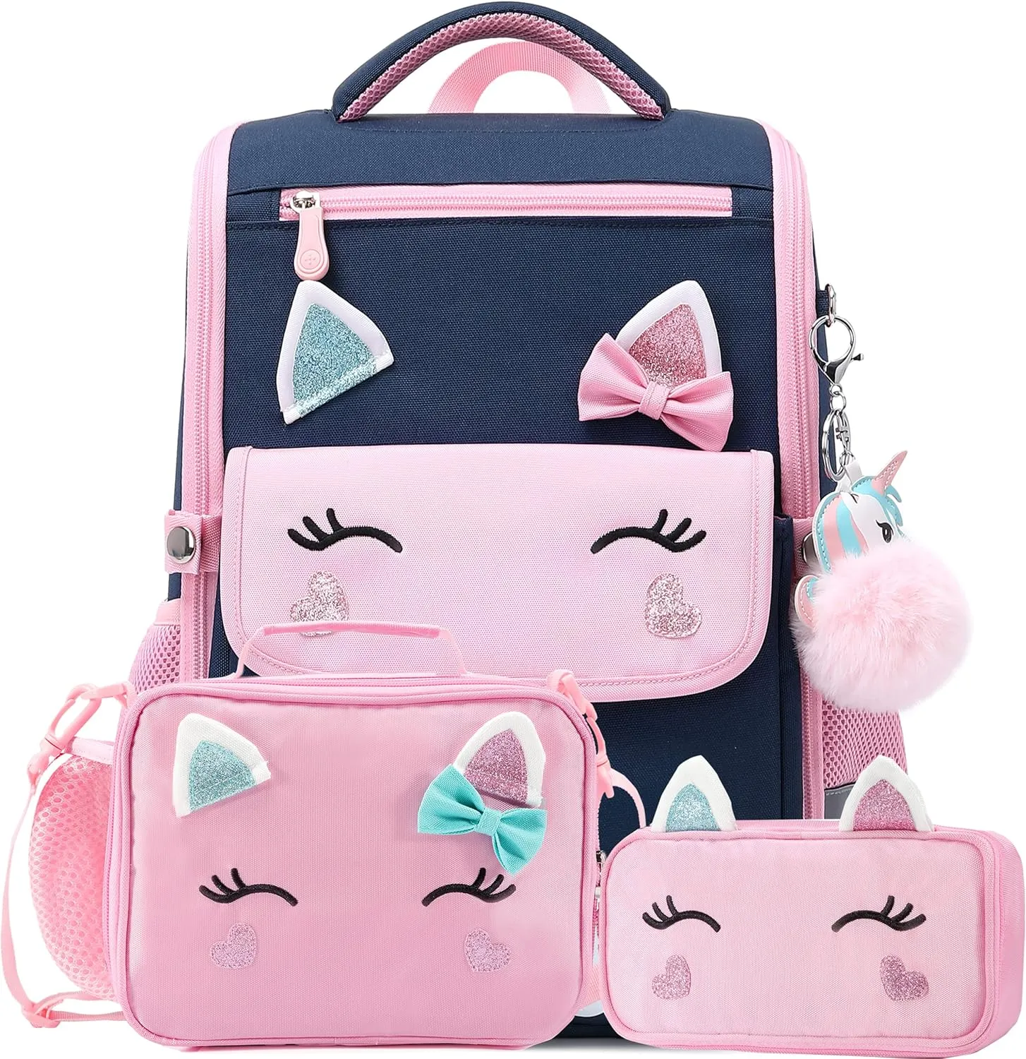 AO ALI VICTORY Unicorn Backpack for Girls with Lunch Box Set Kawaii Kids Toddler Bookbags Cute Kindergarten Preschool Elementary School Bag (Small, Blue Backpack Lunch bag  Pencil Case)