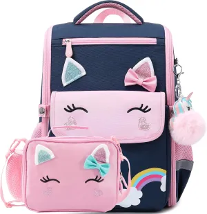 AO ALI VICTORY Unicorn Backpack for Girls with Lunch Box Set Kawaii Kids Toddler Bookbags Cute Kindergarten Preschool Elementary School Bag (Small, Blue Backpack  Lunch Bag)