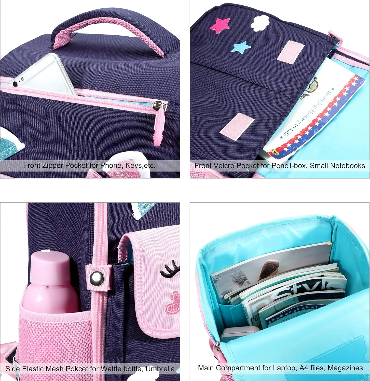 AO ALI VICTORY Unicorn Backpack for Girls with Lunch Box Set Kawaii Kids Toddler Bookbags Cute Kindergarten Preschool Elementary School Bag (Small, Blue Backpack  Lunch Bag)