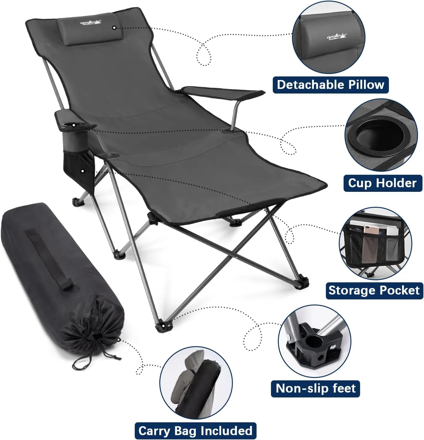 apollo walker Camping Chairs for Adults - 6 Legged Beach Chair with Foot Rest, Adjustable 90° - 135° Reclining Lounge Chair Outdoor, Folding Chairs for Outside with Detachable Pillow & Carry Bag Grey