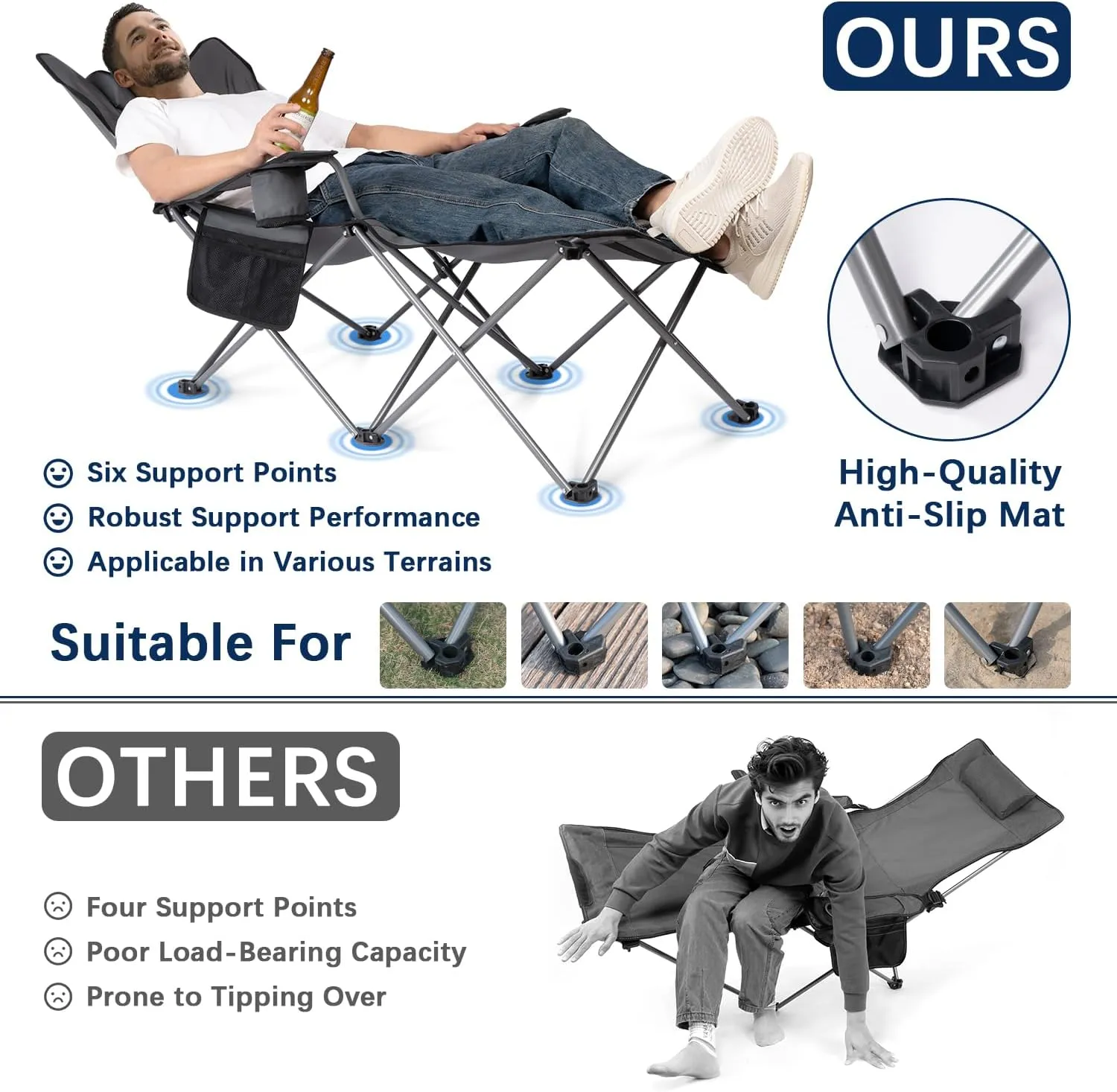 apollo walker Camping Chairs for Adults - 6 Legged Beach Chair with Foot Rest, Adjustable 90° - 135° Reclining Lounge Chair Outdoor, Folding Chairs for Outside with Detachable Pillow & Carry Bag Grey