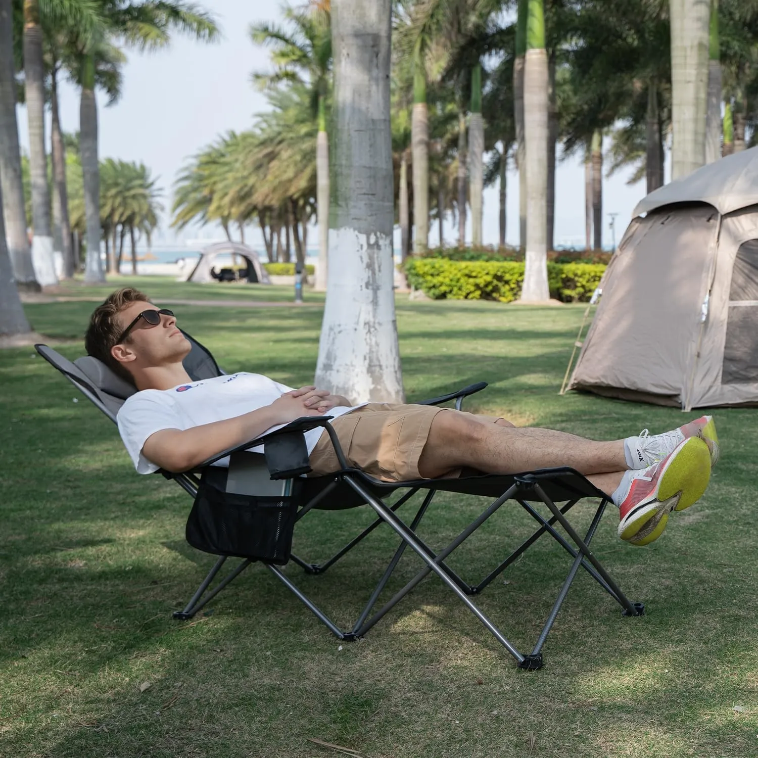 apollo walker Camping Chairs for Adults - 6 Legged Beach Chair with Foot Rest, Adjustable 90° - 135° Reclining Lounge Chair Outdoor, Folding Chairs for Outside with Detachable Pillow & Carry Bag Grey
