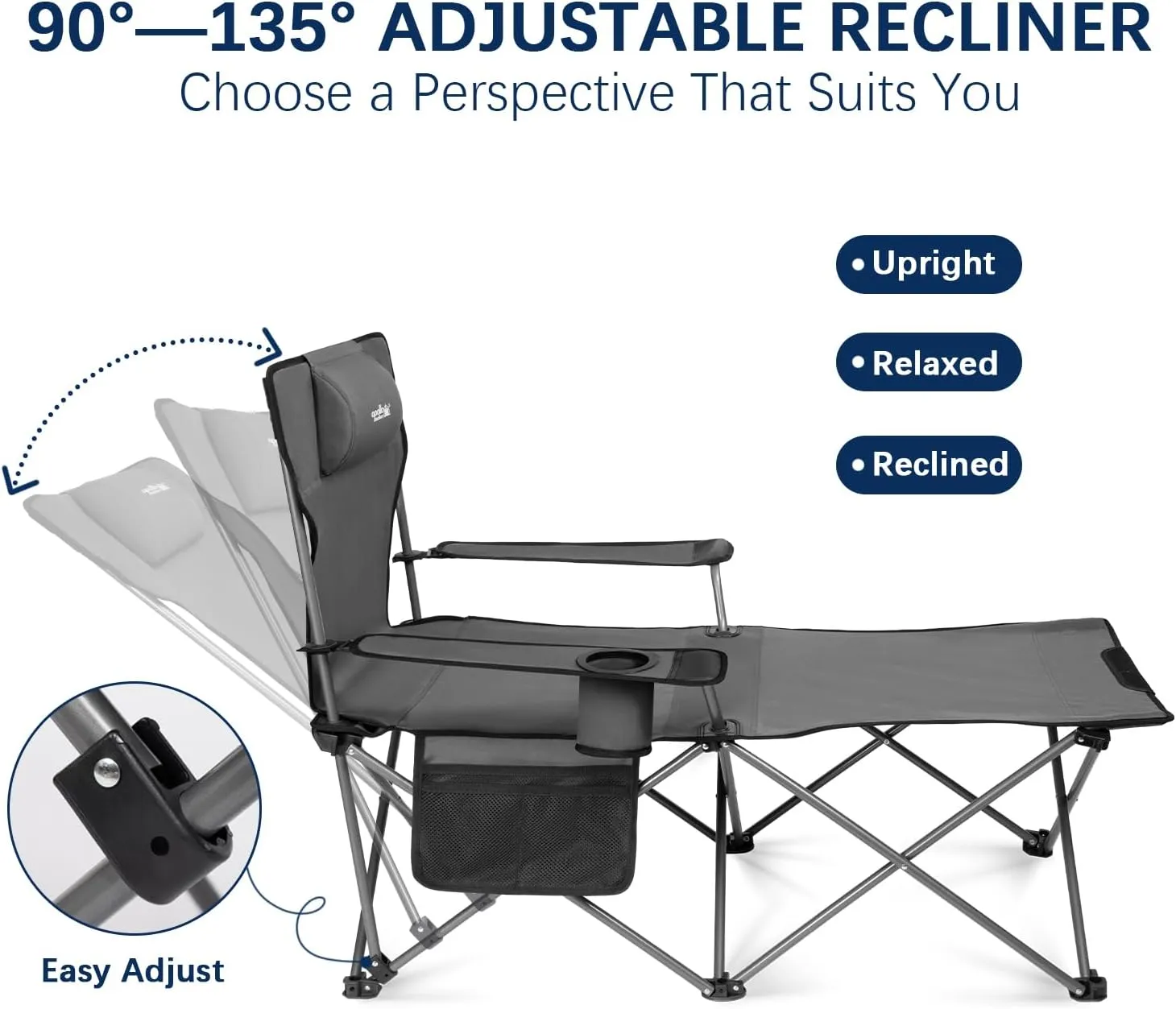 apollo walker Camping Chairs for Adults - 6 Legged Beach Chair with Foot Rest, Adjustable 90° - 135° Reclining Lounge Chair Outdoor, Folding Chairs for Outside with Detachable Pillow & Carry Bag Grey
