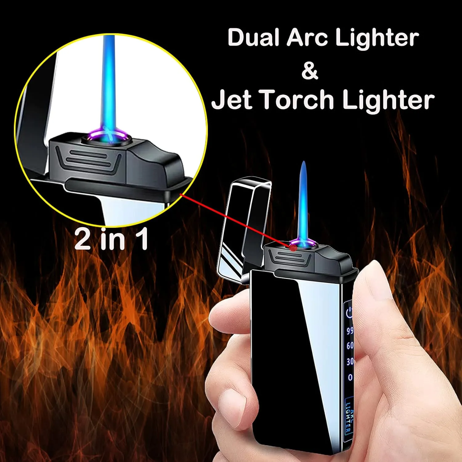Arc Electric and Refillable Butane Jet Flame Torch Lighter 2 in 1, USB Rechargeable with LED Lighting Windproof for Fire, BBQs, Fireworks, Candle, Camping, Outdoor (Black Ice)