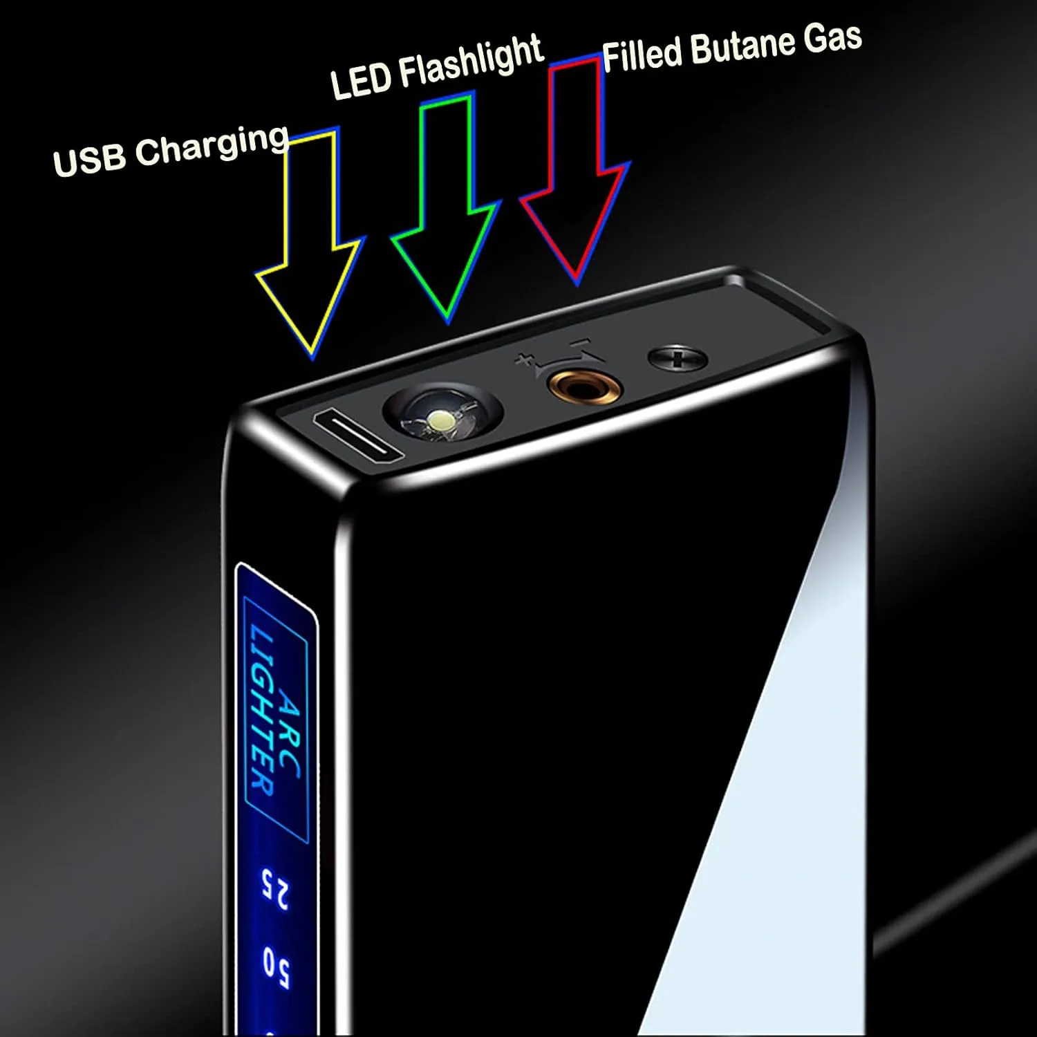 Arc Electric and Refillable Butane Jet Flame Torch Lighter 2 in 1, USB Rechargeable with LED Lighting Windproof for Fire, BBQs, Fireworks, Candle, Camping, Outdoor (Black Ice)