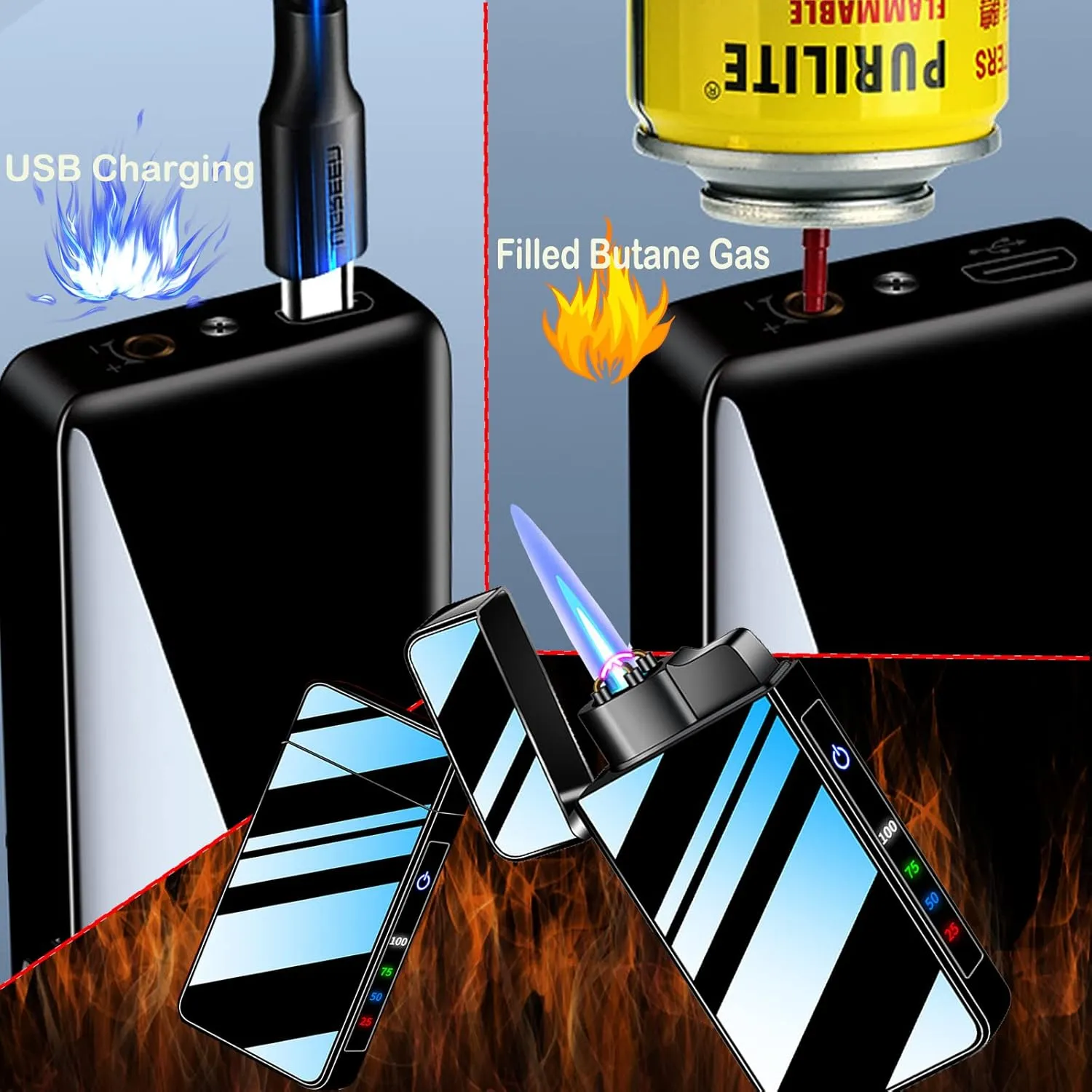 Arc Lighter Jet Flame Torch Lighters 2 in 1, Refillable Butane Electric USB Rechargeable, Premium Windproof with LED Display Power Infinity for BBQs,Candle,Camping (Blue Ice)