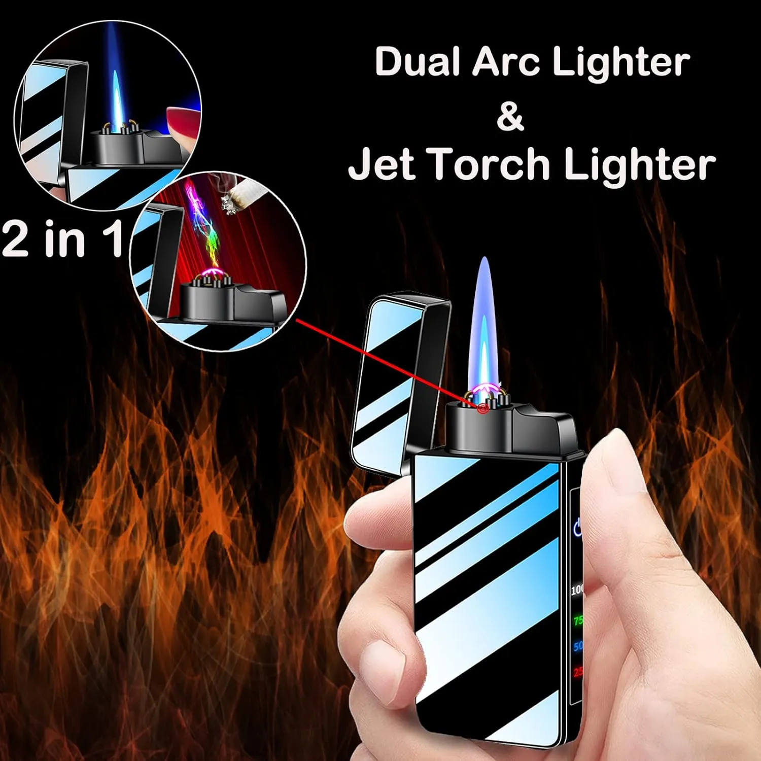 Arc Lighter Jet Flame Torch Lighters 2 in 1, Refillable Butane Electric USB Rechargeable, Premium Windproof with LED Display Power Infinity for BBQs,Candle,Camping (Blue Ice)