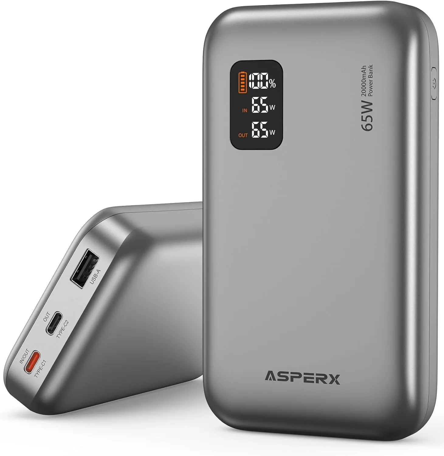 AsperX Power Bank, 20,000mAh 65W USB C Laptop Portable Charger, Digital Display, PD 3.0 Fast Charging Battery Pack for Laptop MacBook, ipad,iPhone 16/15/14/13 Series,Galaxy S24,Dell XPS, Steam Deck