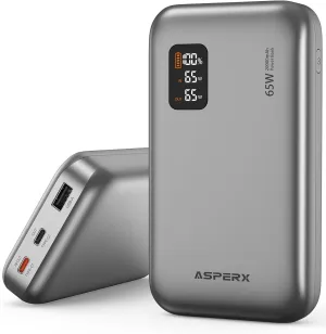 AsperX Power Bank, 20,000mAh 65W USB C Laptop Portable Charger, Digital Display, PD 3.0 Fast Charging Battery Pack for Laptop MacBook, ipad,iPhone 16/15/14/13 Series,Galaxy S24,Dell XPS, Steam Deck