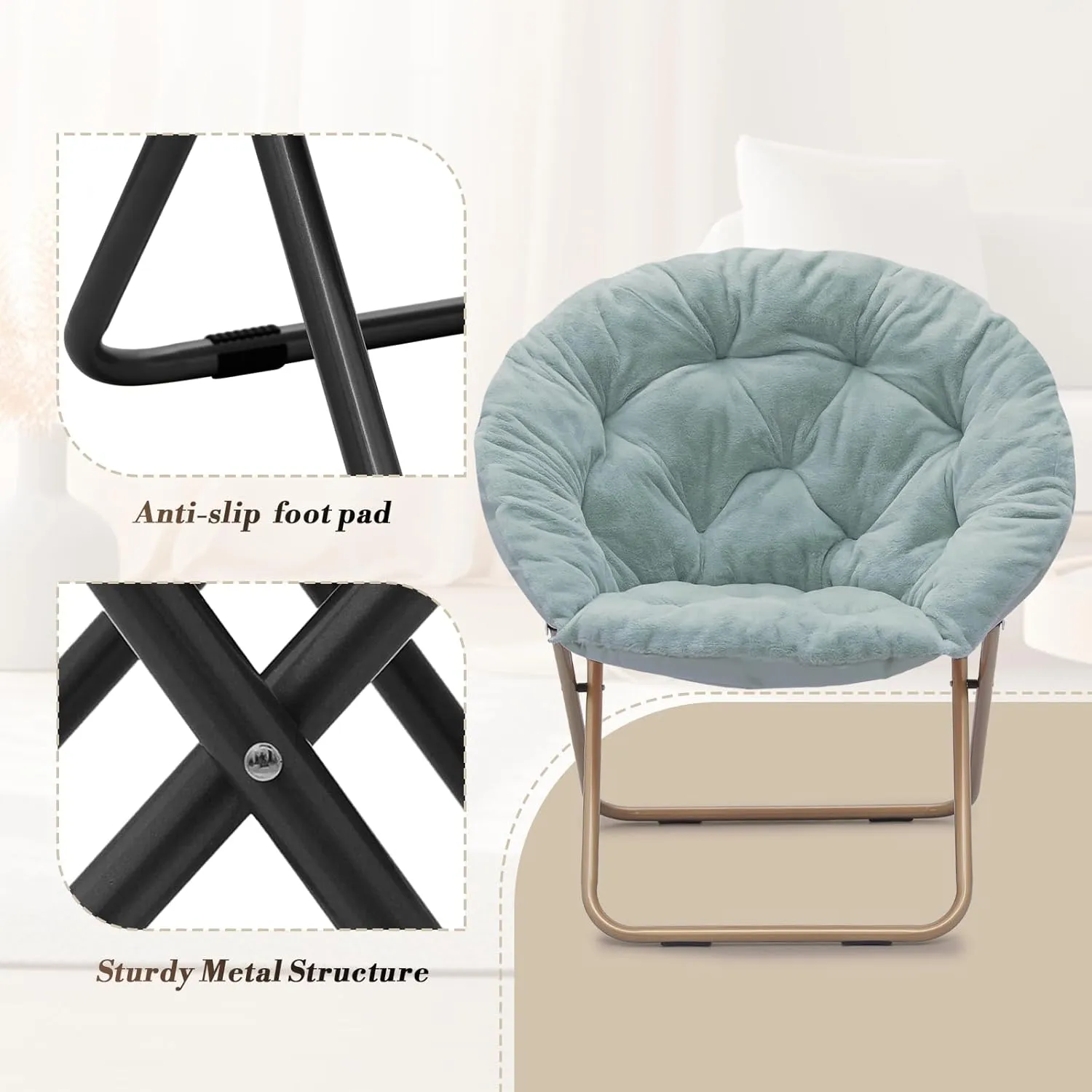 Athena Collection Comfy Saucer Chair, Folding Round Cozy Chair for Bedroom Living Room Faux Fur Reading Chair, Foldable Metal Frame Oversized Padded Lazy Chair Moon Chair for Adult, Teal