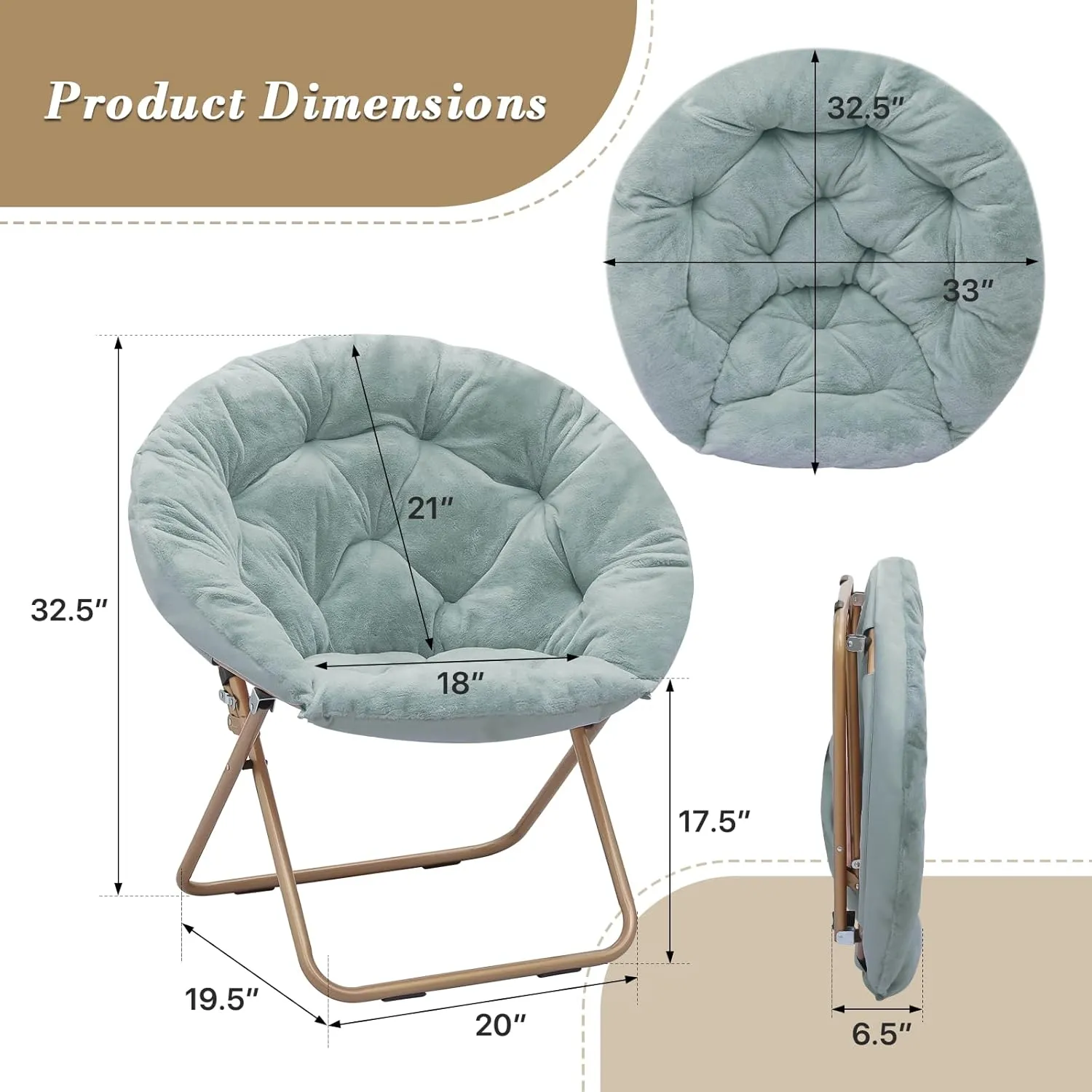 Athena Collection Comfy Saucer Chair, Folding Round Cozy Chair for Bedroom Living Room Faux Fur Reading Chair, Foldable Metal Frame Oversized Padded Lazy Chair Moon Chair for Adult, Teal