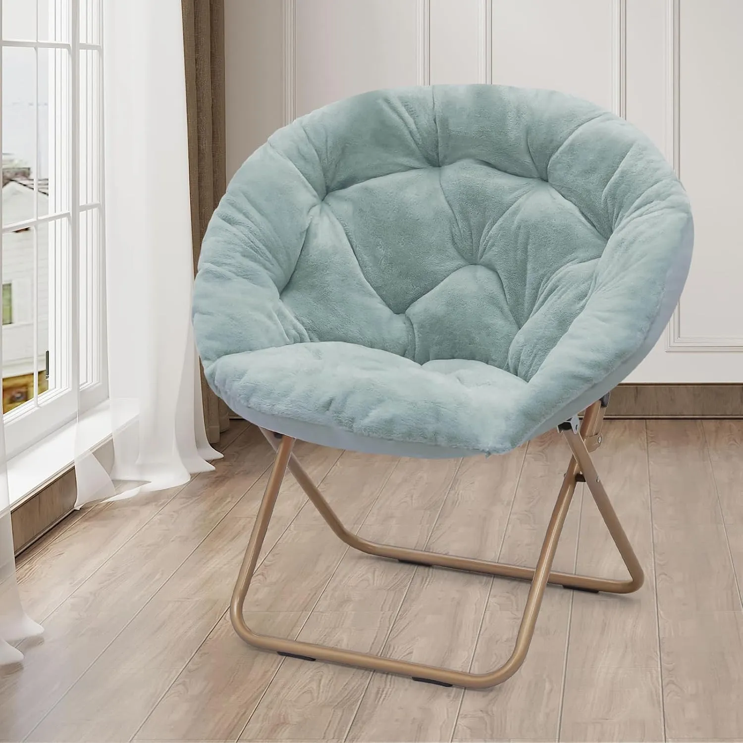 Athena Collection Comfy Saucer Chair, Folding Round Cozy Chair for Bedroom Living Room Faux Fur Reading Chair, Foldable Metal Frame Oversized Padded Lazy Chair Moon Chair for Adult, Teal