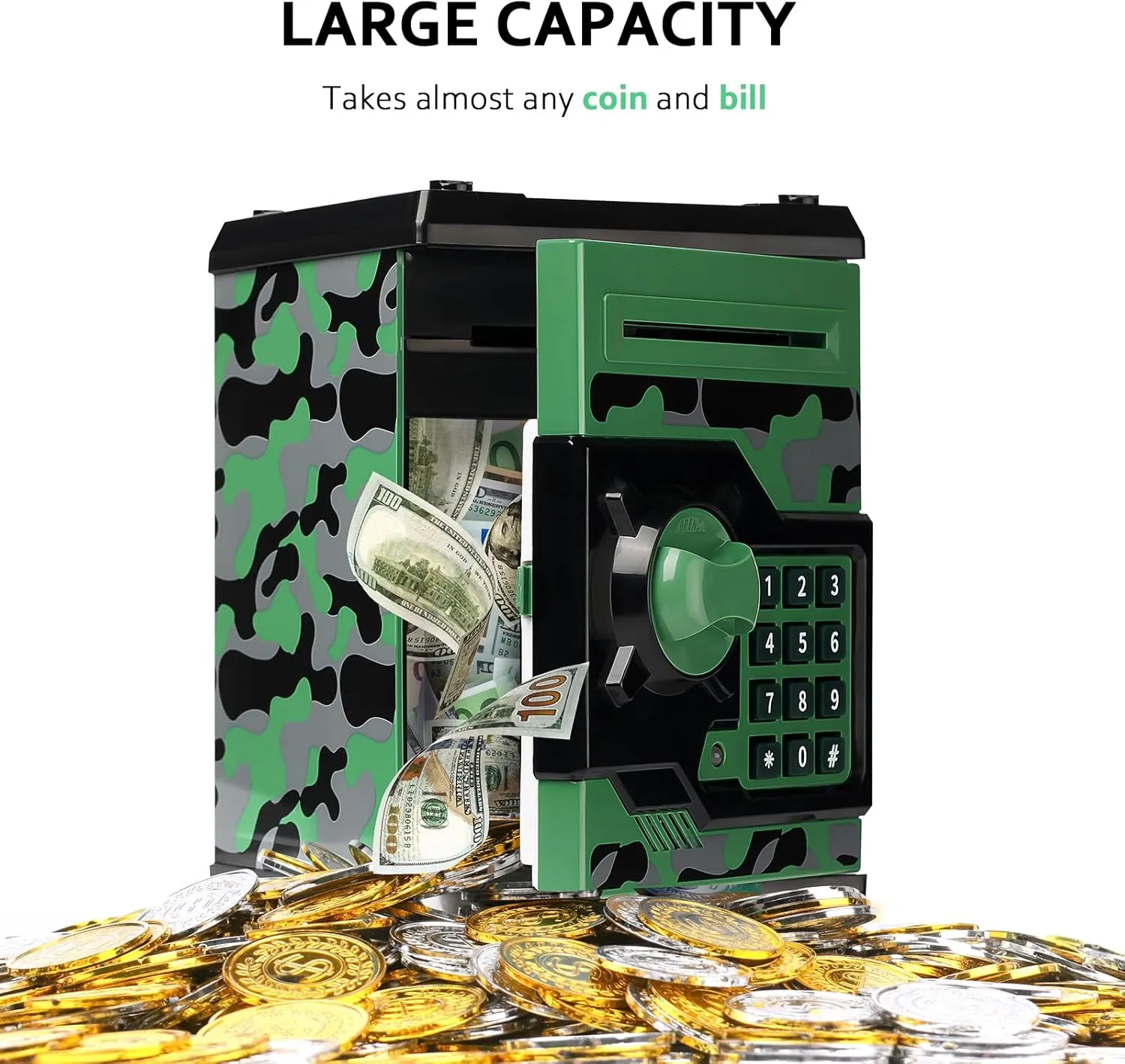 ATM Piggy Bank for Boys Girls, Vcertcpl Mini ATM Coin Bank Money Saving Box with Password, Kids Safe Money Jar for Adults with Auto Grab Bill Slot, Great Gift Toy Bank for Kids (Camouflage GreenGray)