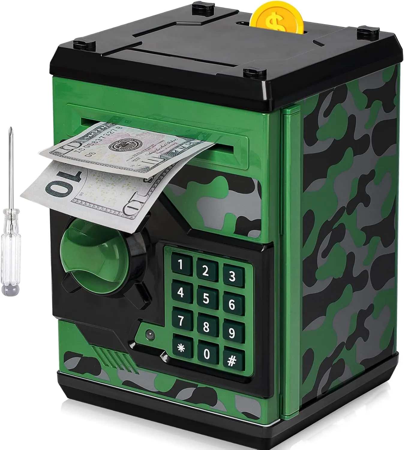 ATM Piggy Bank for Boys Girls, Vcertcpl Mini ATM Coin Bank Money Saving Box with Password, Kids Safe Money Jar for Adults with Auto Grab Bill Slot, Great Gift Toy Bank for Kids (Camouflage GreenGray)