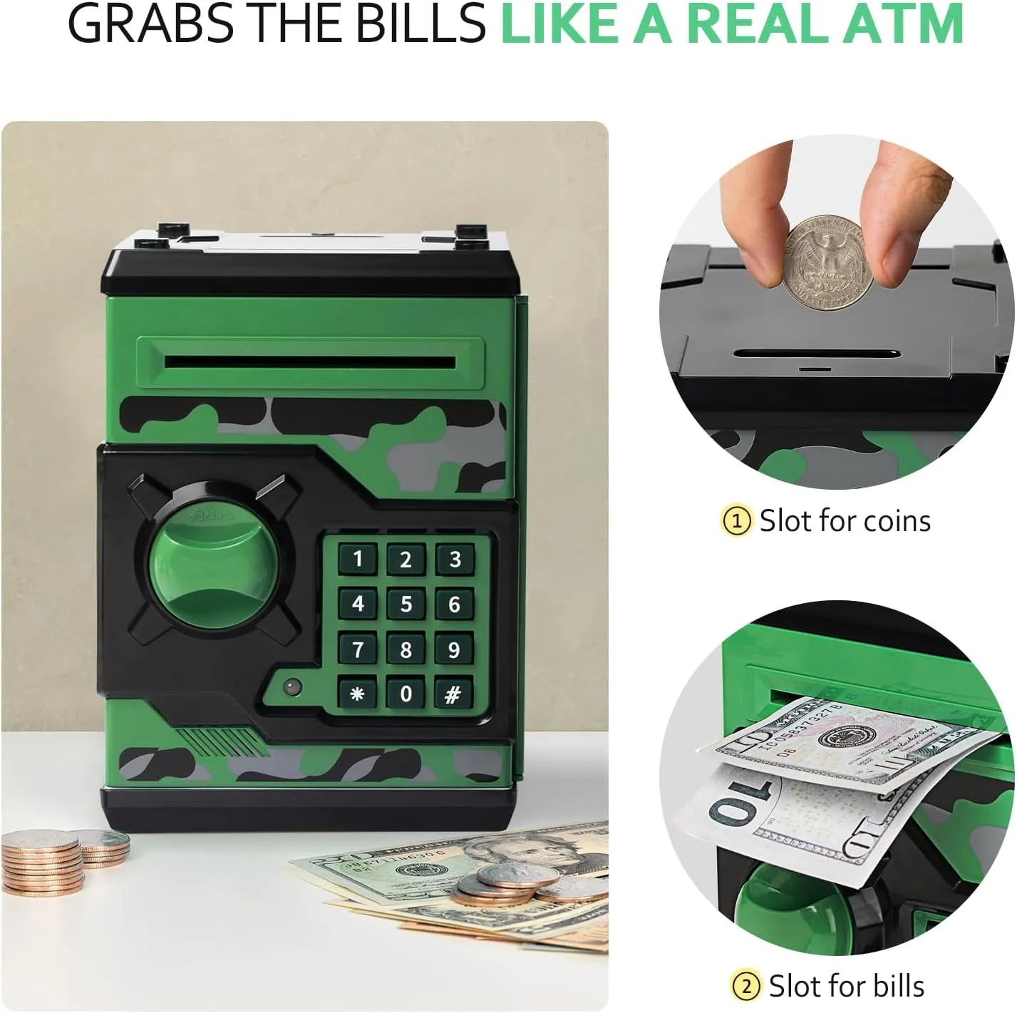 ATM Piggy Bank for Boys Girls, Vcertcpl Mini ATM Coin Bank Money Saving Box with Password, Kids Safe Money Jar for Adults with Auto Grab Bill Slot, Great Gift Toy Bank for Kids (Camouflage GreenGray)