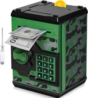 ATM Piggy Bank for Boys Girls, Vcertcpl Mini ATM Coin Bank Money Saving Box with Password, Kids Safe Money Jar for Adults with Auto Grab Bill Slot, Great Gift Toy Bank for Kids (Camouflage GreenGray)