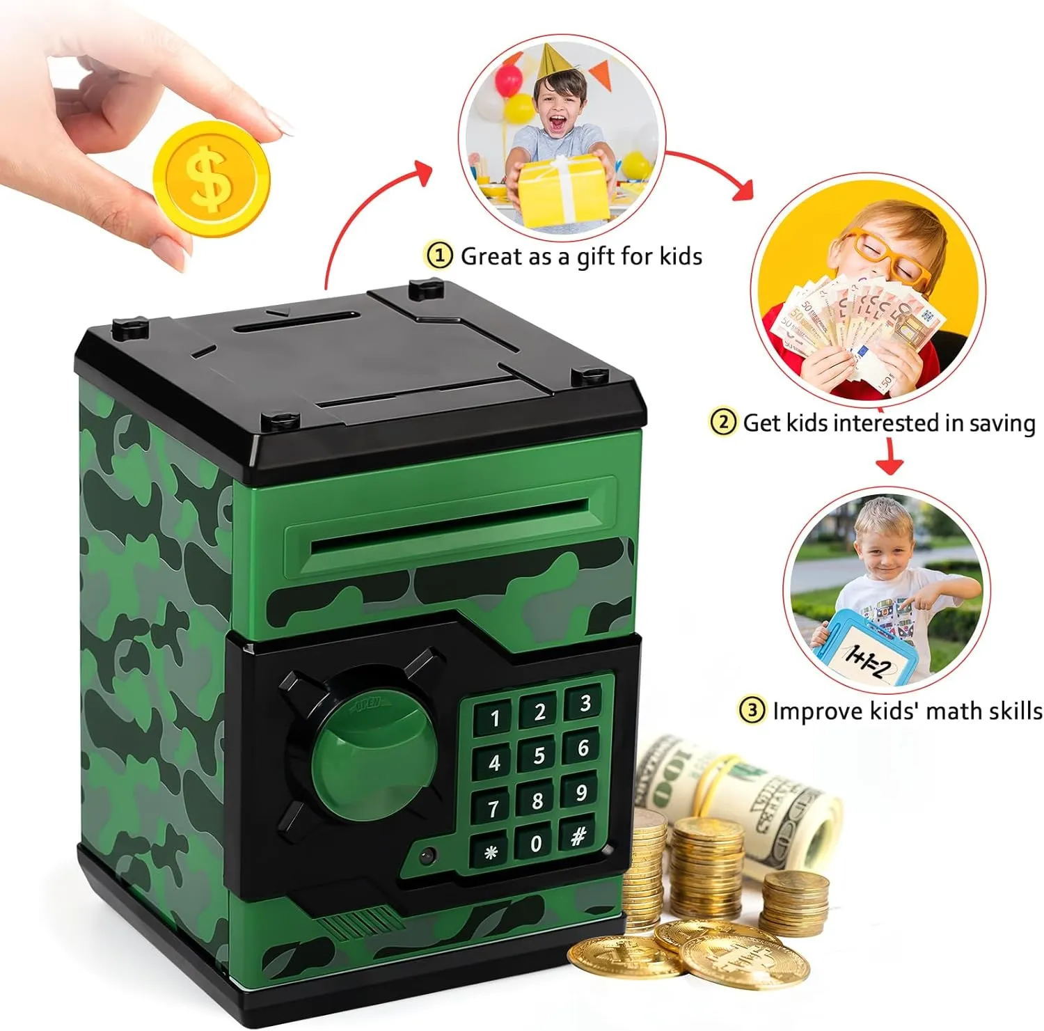 ATM Piggy Bank for Boys Girls, Vcertcpl Mini ATM Coin Bank Money Saving Box with Password, Kids Safe Money Jar for Adults with Auto Grab Bill Slot, Great Gift Toy Bank for Kids (Camouflage GreenGray)