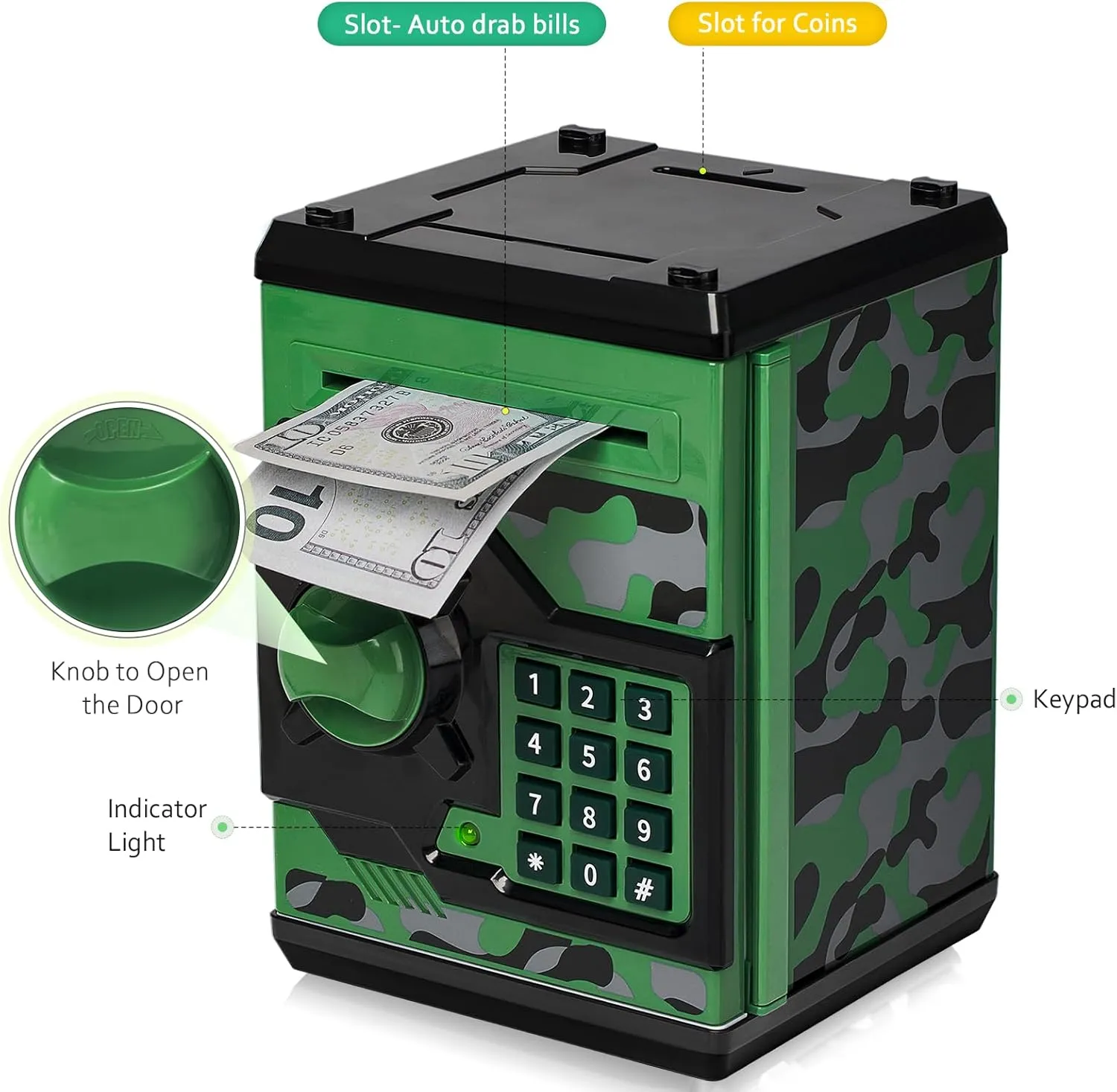 ATM Piggy Bank for Boys Girls, Vcertcpl Mini ATM Coin Bank Money Saving Box with Password, Kids Safe Money Jar for Adults with Auto Grab Bill Slot, Great Gift Toy Bank for Kids (Camouflage GreenGray)