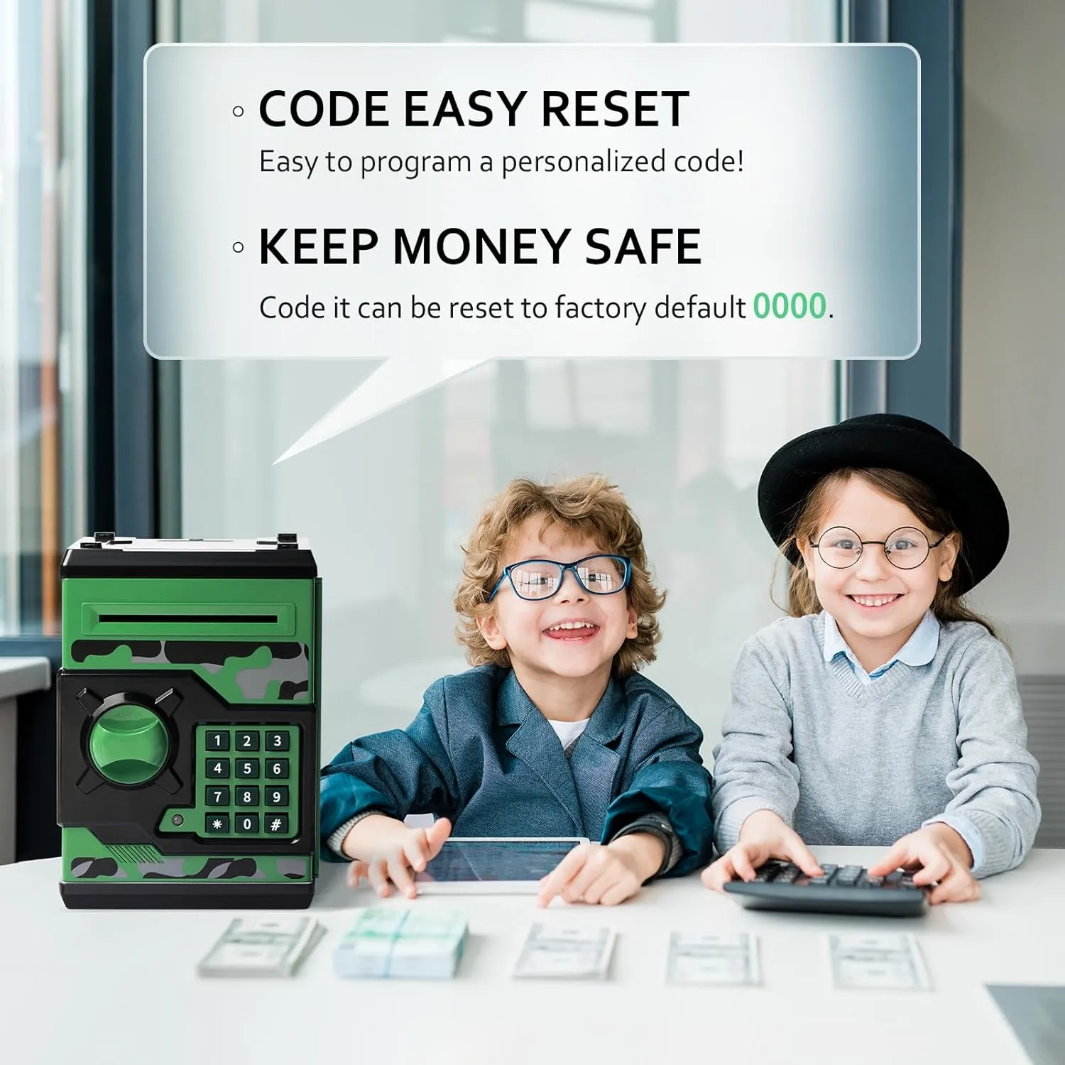 ATM Piggy Bank for Boys Girls, Vcertcpl Mini ATM Coin Bank Money Saving Box with Password, Kids Safe Money Jar for Adults with Auto Grab Bill Slot, Great Gift Toy Bank for Kids (Camouflage GreenGray)