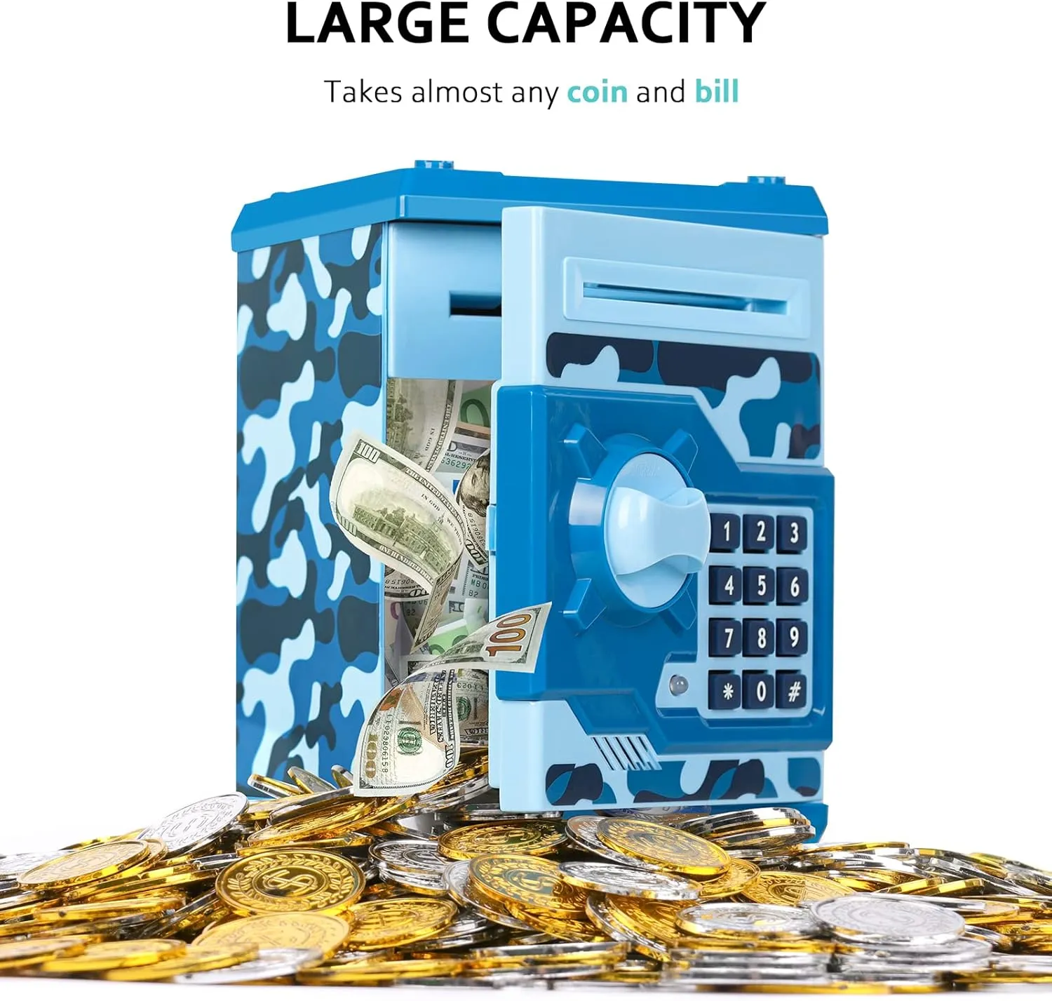 ATM Piggy Bank for Boys Girls, Vcertcpl Mini ATM Coin Bank Money Saving Box with Password, Kids Safe Money Jar for Adults with Auto Grab Bill Slot, Great Gift Toy Bank for Kids(Camouflage Blue)