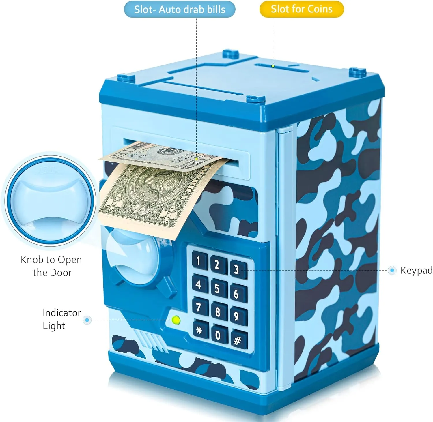 ATM Piggy Bank for Boys Girls, Vcertcpl Mini ATM Coin Bank Money Saving Box with Password, Kids Safe Money Jar for Adults with Auto Grab Bill Slot, Great Gift Toy Bank for Kids(Camouflage Blue)
