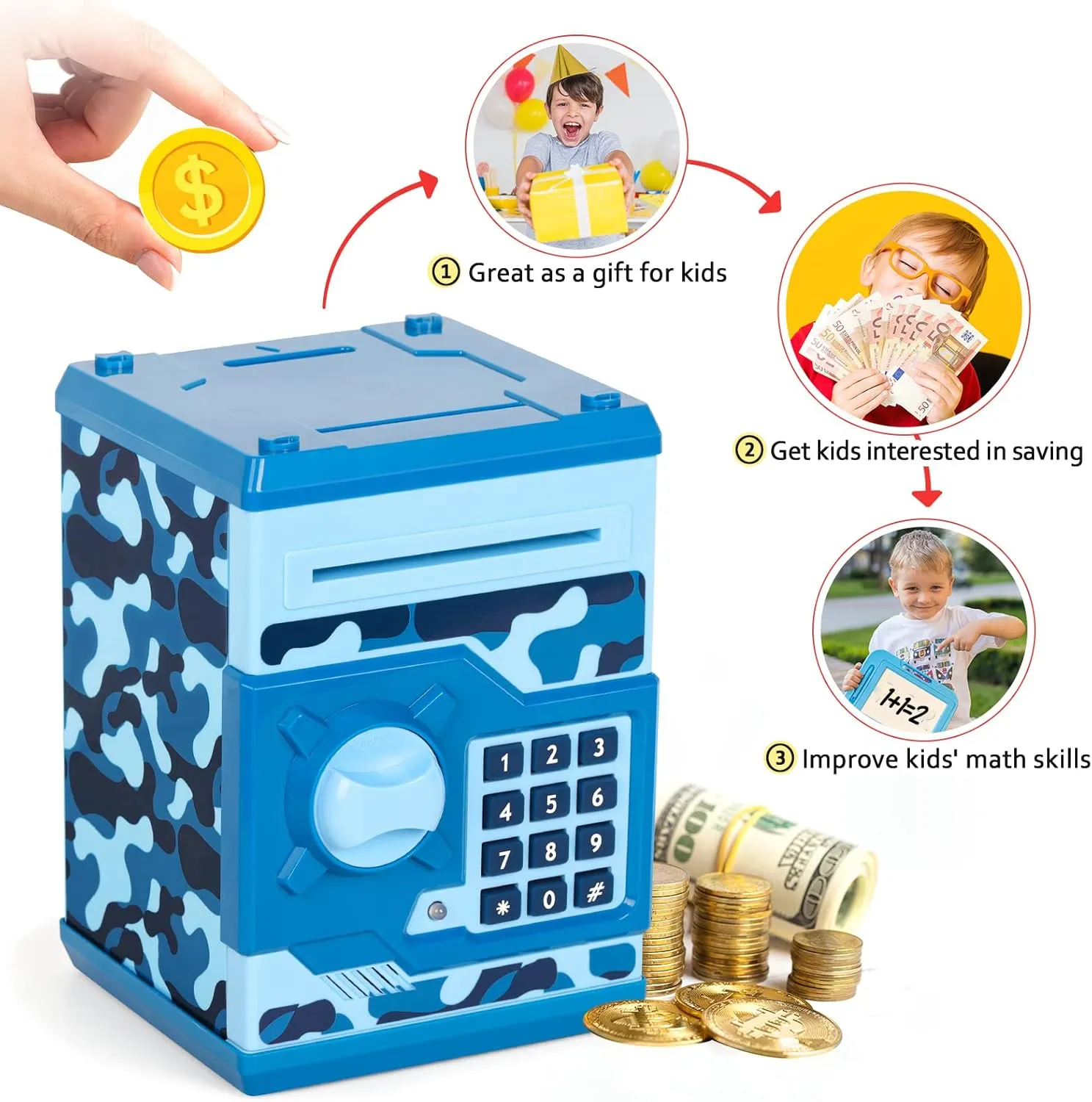 ATM Piggy Bank for Boys Girls, Vcertcpl Mini ATM Coin Bank Money Saving Box with Password, Kids Safe Money Jar for Adults with Auto Grab Bill Slot, Great Gift Toy Bank for Kids(Camouflage Blue)