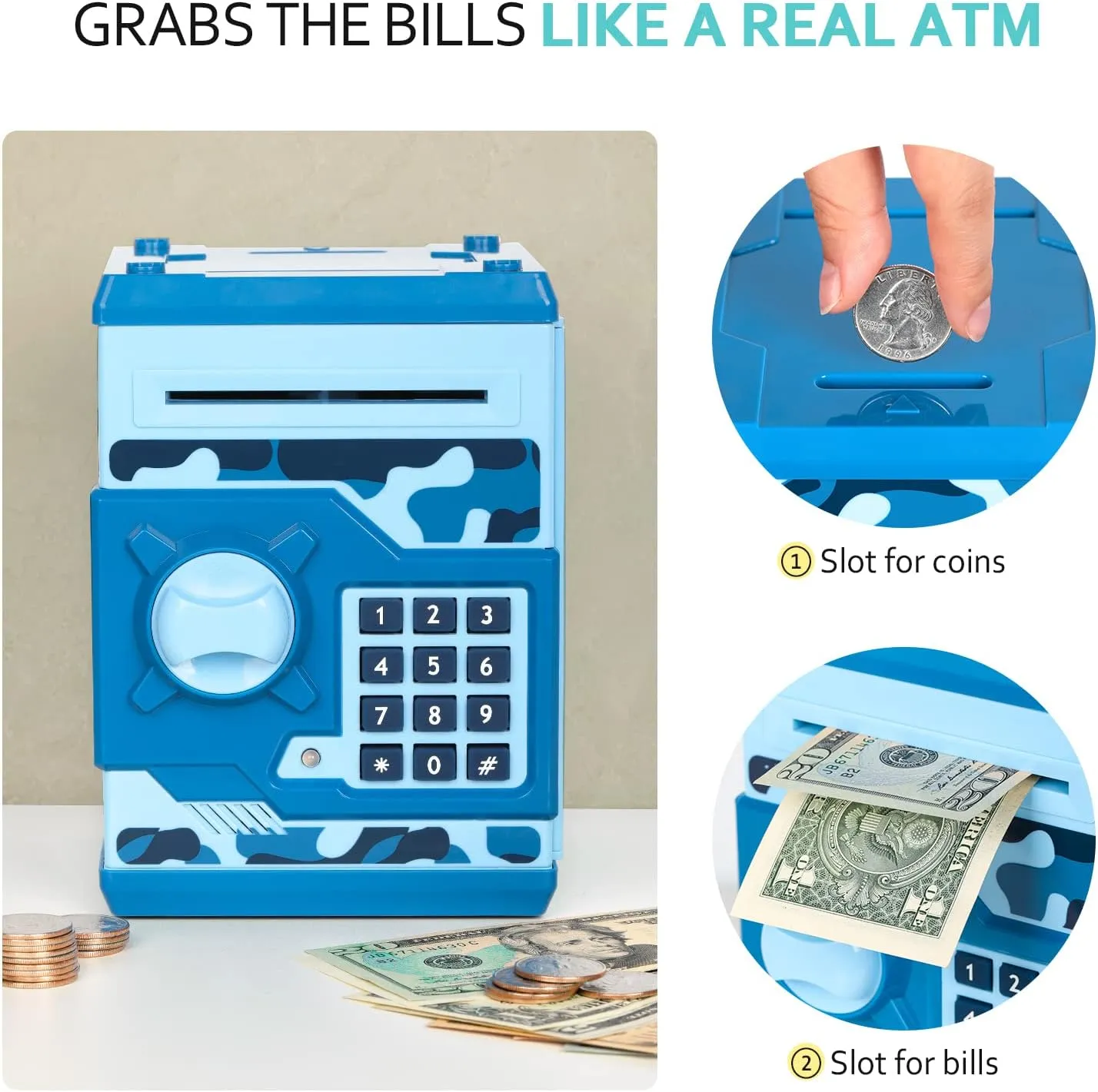 ATM Piggy Bank for Boys Girls, Vcertcpl Mini ATM Coin Bank Money Saving Box with Password, Kids Safe Money Jar for Adults with Auto Grab Bill Slot, Great Gift Toy Bank for Kids(Camouflage Blue)