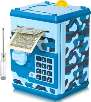 ATM Piggy Bank for Boys Girls, Vcertcpl Mini ATM Coin Bank Money Saving Box with Password, Kids Safe Money Jar for Adults with Auto Grab Bill Slot, Great Gift Toy Bank for Kids(Camouflage Blue)